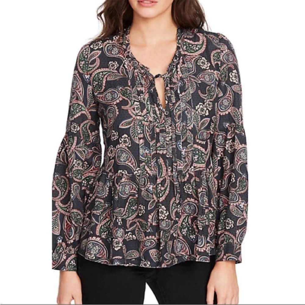 WILLIAM RAST Atwood Paisley Floral Beaded Boho Peasant Peplum Top Blouse